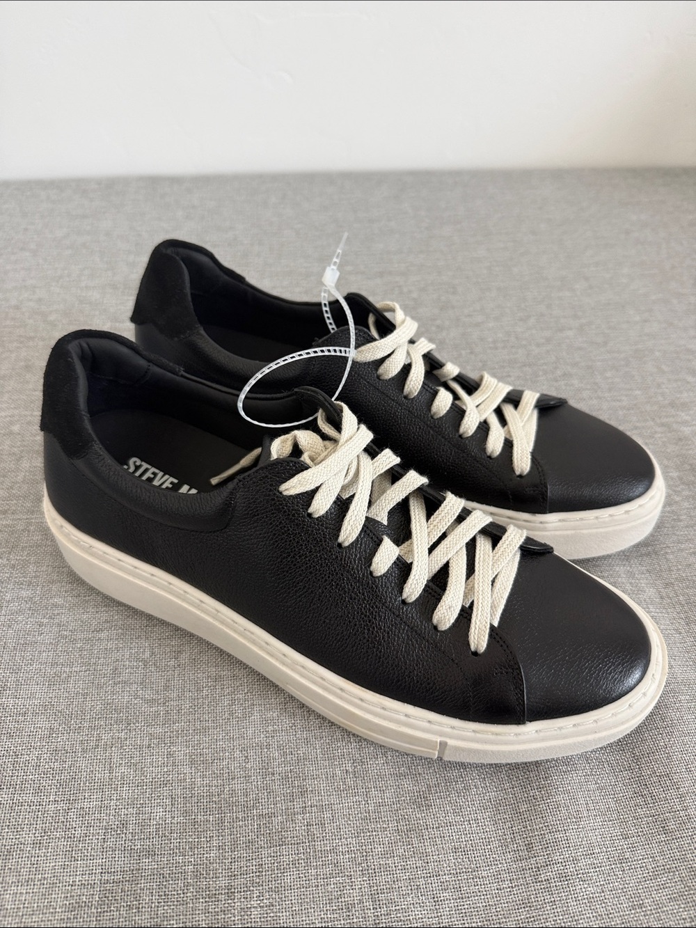 Steve Madden Forrte Black Leather Sneakers with Cream Laces